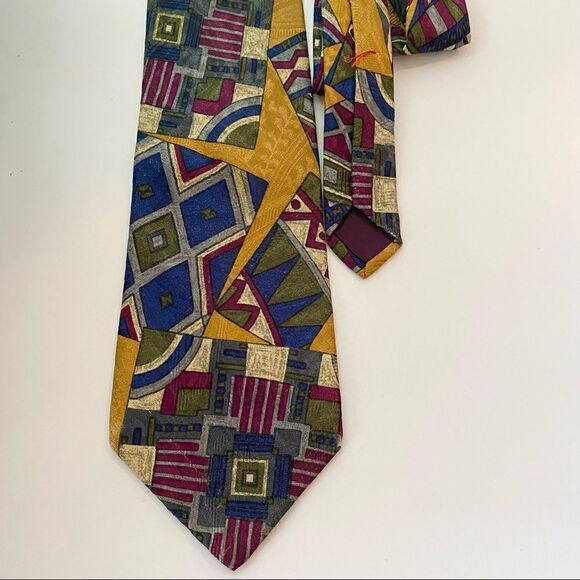 Vintage Barbara Blank Silk Geometric Tie Gold, Blue, Gray + Burgundy - Picture 1 of 2